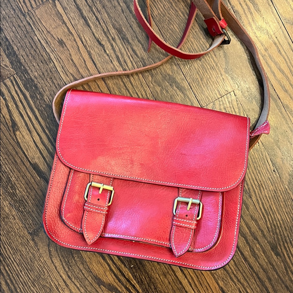Vintage Style Red Leather Flap Top Satchel Book Bag